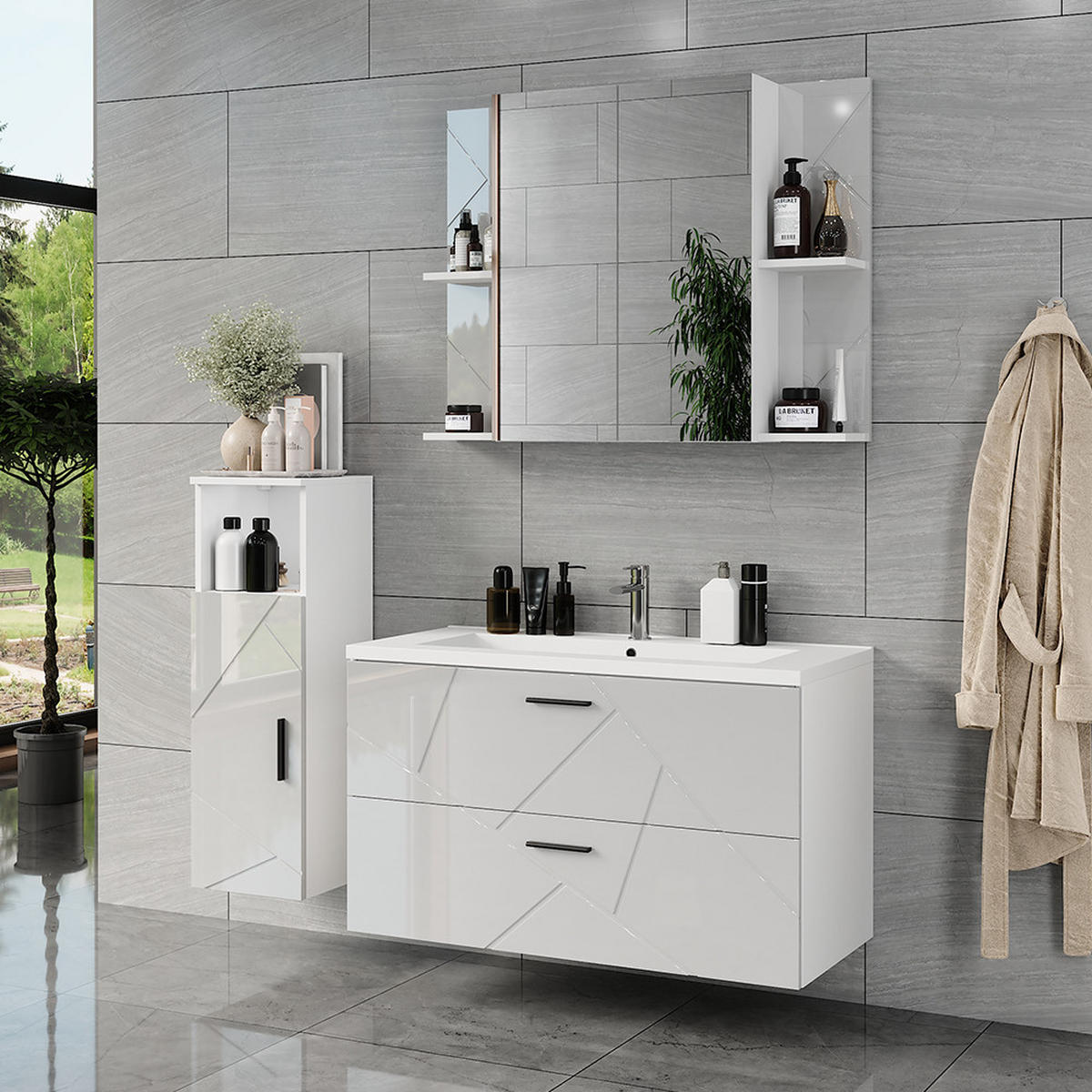 KOUPELNOVÁ SESTAVA NÁBYTKU Irma Bílá/bílý vysoký lesk - vysoce lesklá bílá, kompozitní dřevo (100/57/46cm) - Vicco