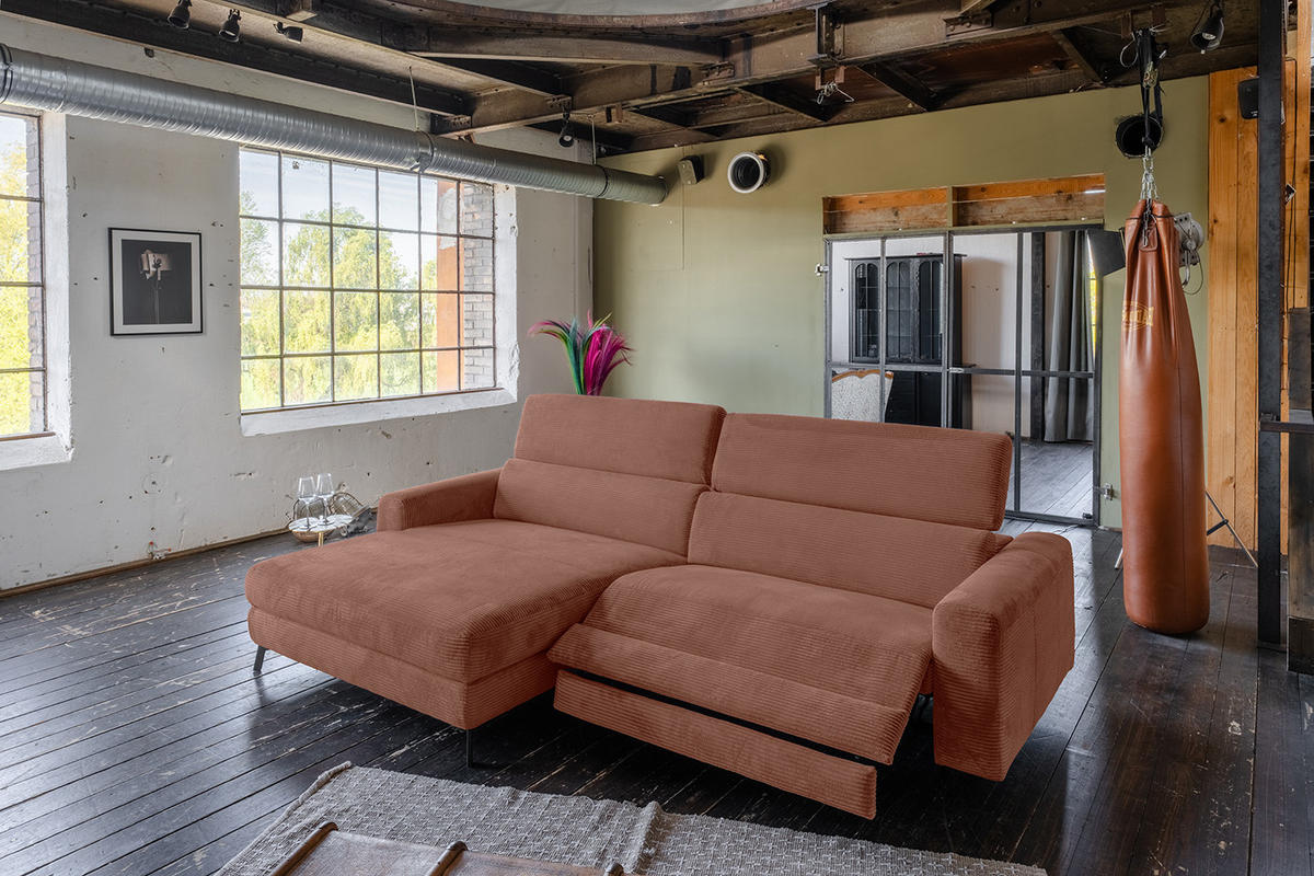 ECKSOFA LAISKA Braun Cord Relaxfunktion - Dunkelbraun/Schwarz, Textil/Metall (282/177cm) - KAWOLA