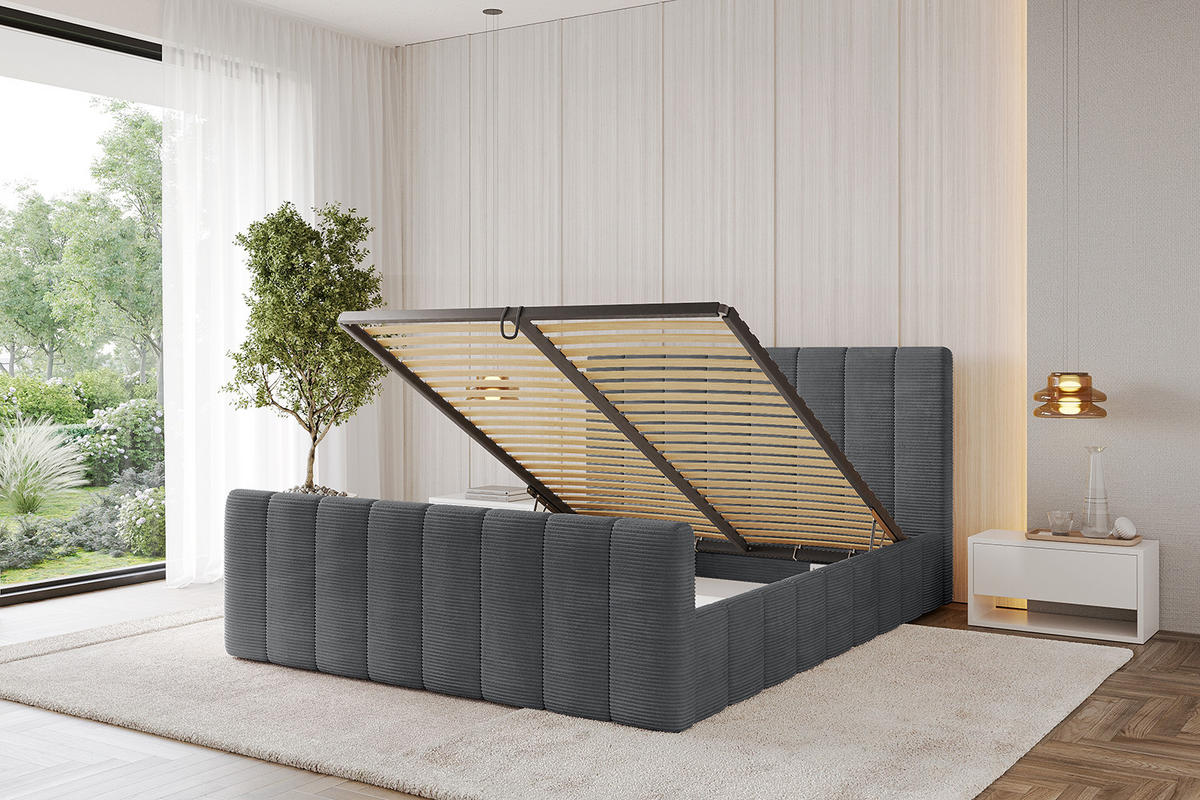 POLSTERBETT mit Bettkasten, Fußteil und Lattenrost, Boxbett mit Matratze H3/H4 - FINO-Z 180x200 Dunkelgrau - Anthrazit, Holzwerkstoff/Textil (180/200cm) - ALTDECOR