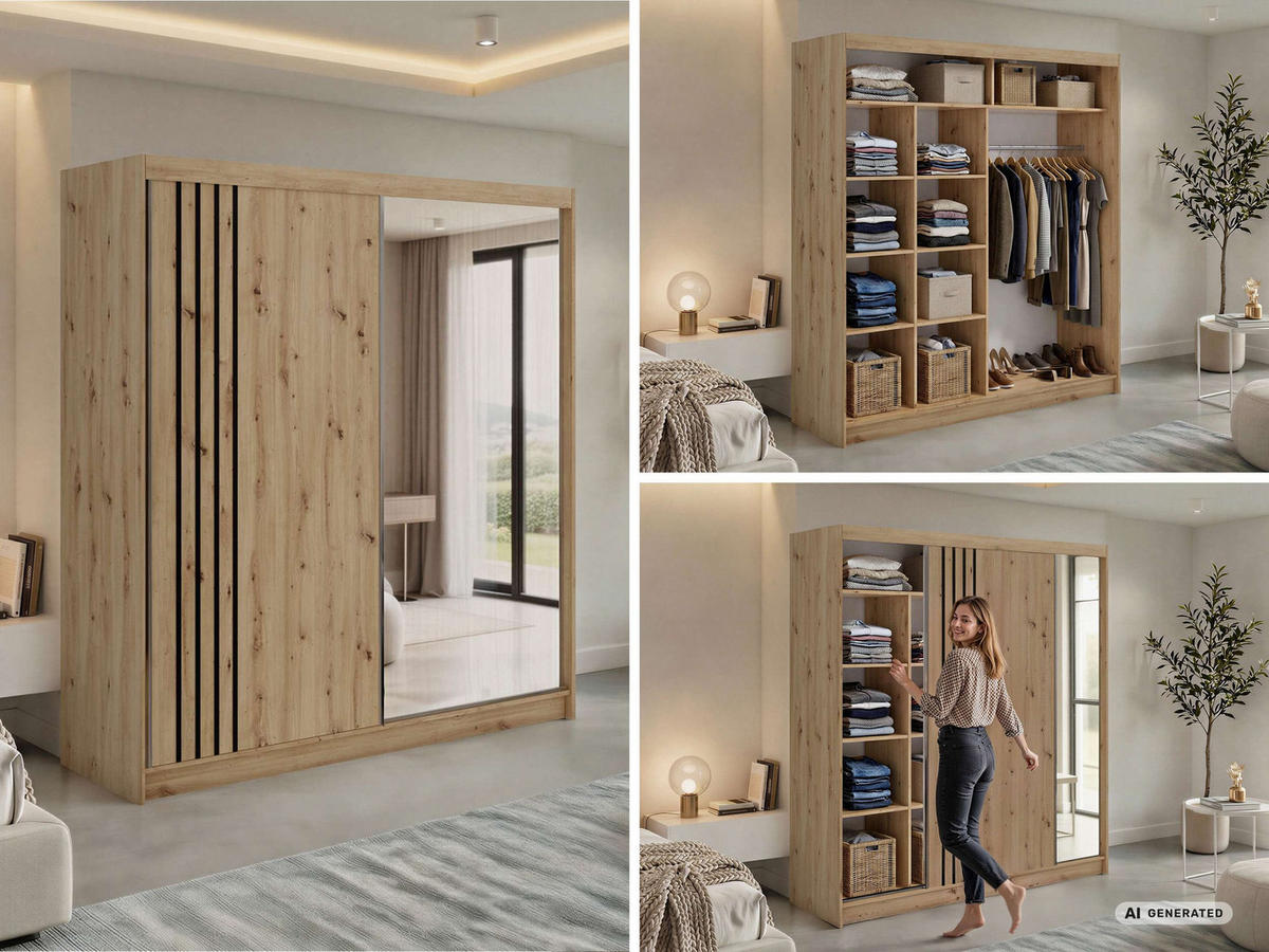 SCHWEBETÜRENSCHRANK mit Lamellen und Spiegel DIANA - 200 - Eiche Artisan und Schwarz - Schwarz/Alufarben, Holzwerkstoff/Metall (200/216/61cm) - MKS