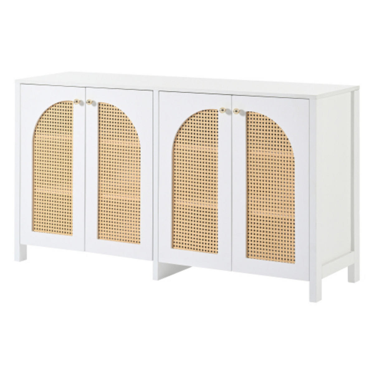 SIDEBOARD mit vier gebogenen Rattan-Türen & Metallgriffen weiß 145×80×40 cm aus MDF - Weiß, Holzwerkstoff (145/40/80cm) - Luhomfu