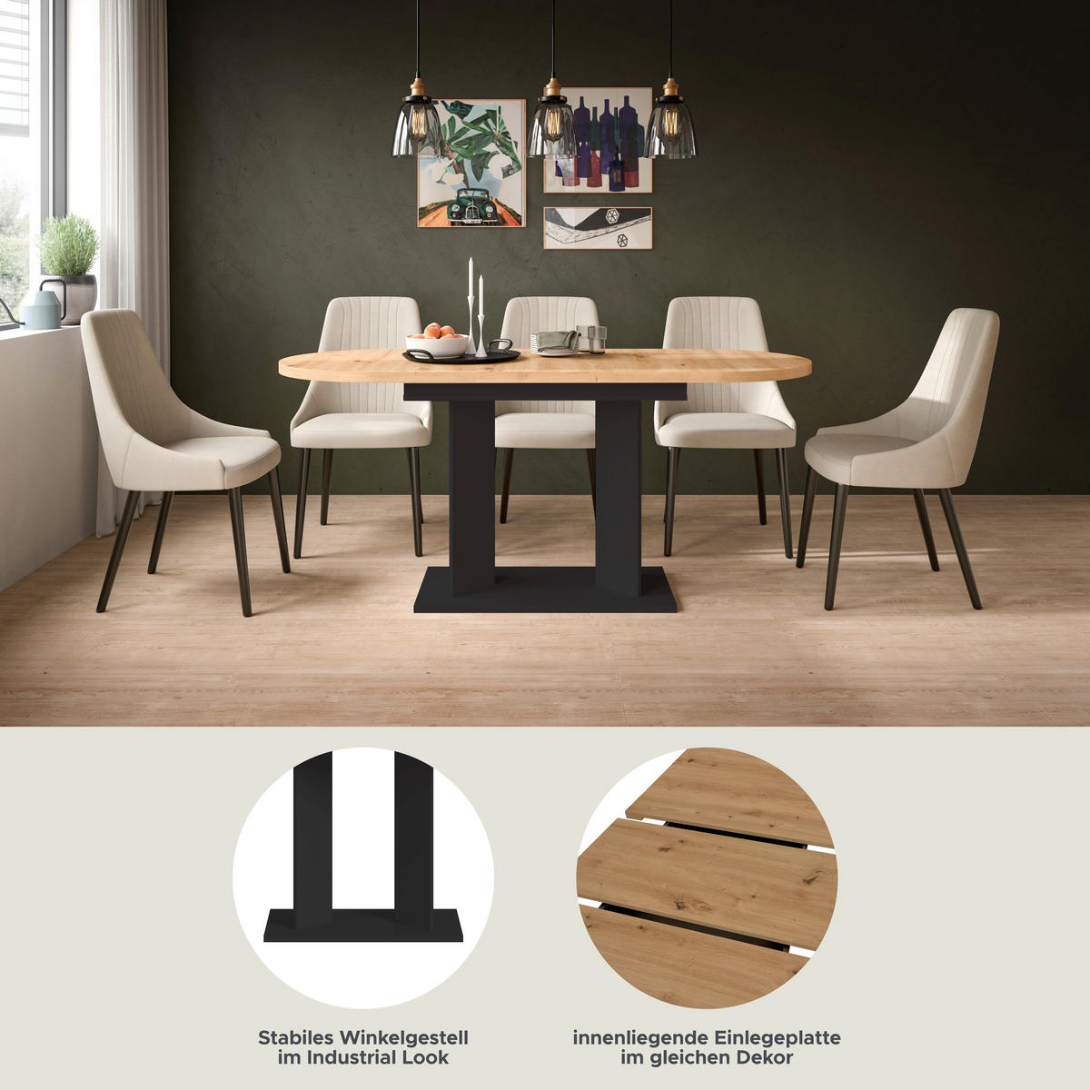 ESSTISCH GUSTAV (B/H/T: ca. 170/76/70 cm) in schwarz/Artisan Eiche Nachbildung - Schwarz, Holzwerkstoff (70/170/76cm)