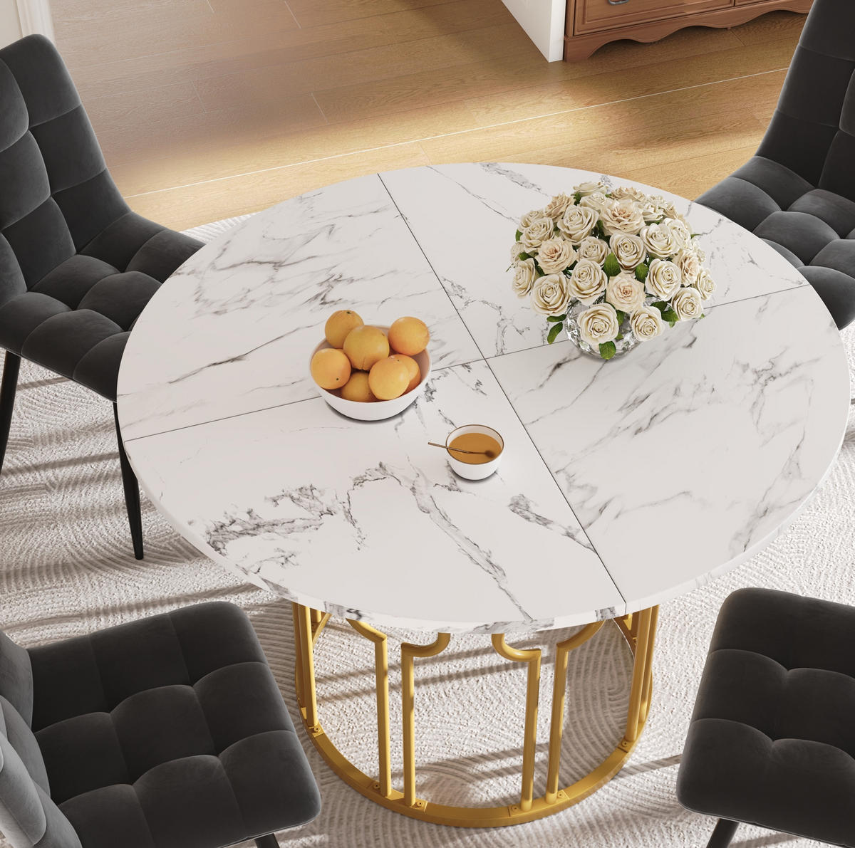 ESSTISCH 100/100/76 cm Weiß Gold runder Tisch aus MDF mit Metallbeinen - Goldfarben, Holzwerkstoff (100/100/76cm) - OKWISH