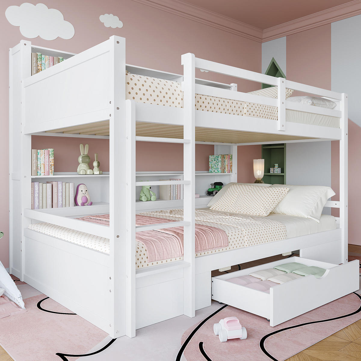 ETAGENBETT 90x200cm + 90x200cm Weiß mit Schubladen Staufächer - Weiß, Holz (90/200cm) - FLIEKS