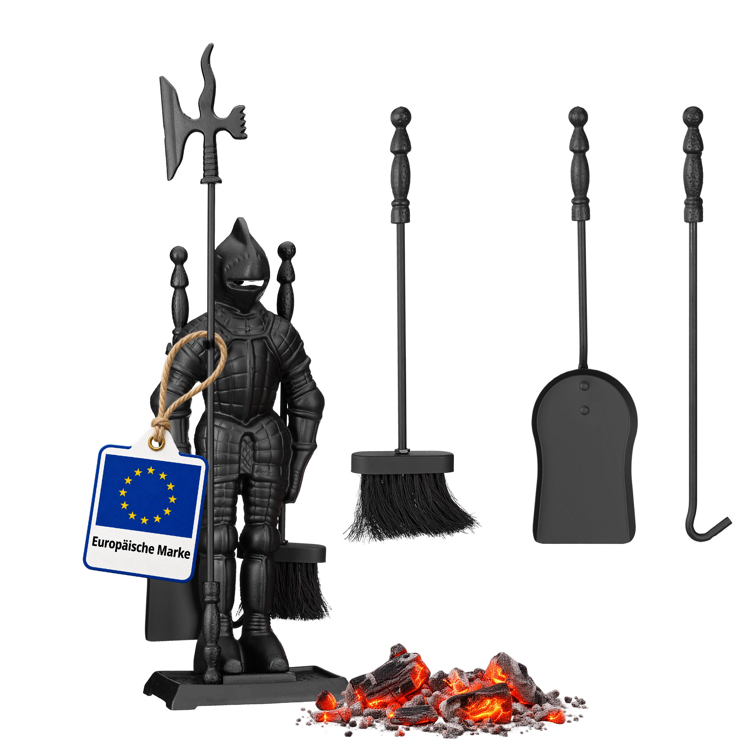 PRIBOR Crna kaminski set s vitezom lijevano željezo 4-dijelni 72 cm - crna, metal (21/72/12.5cm) - Relaxdays