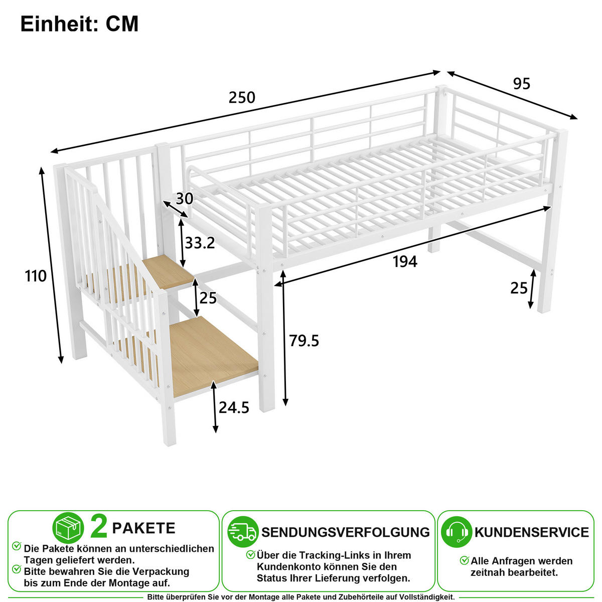 VYVÝŠENÁ POSTEL 90/200 cm v bílé barvě se schodištěm s úložným prostorem - bílá, kov/kompozitní dřevo (90/200cm) - CHICFURN