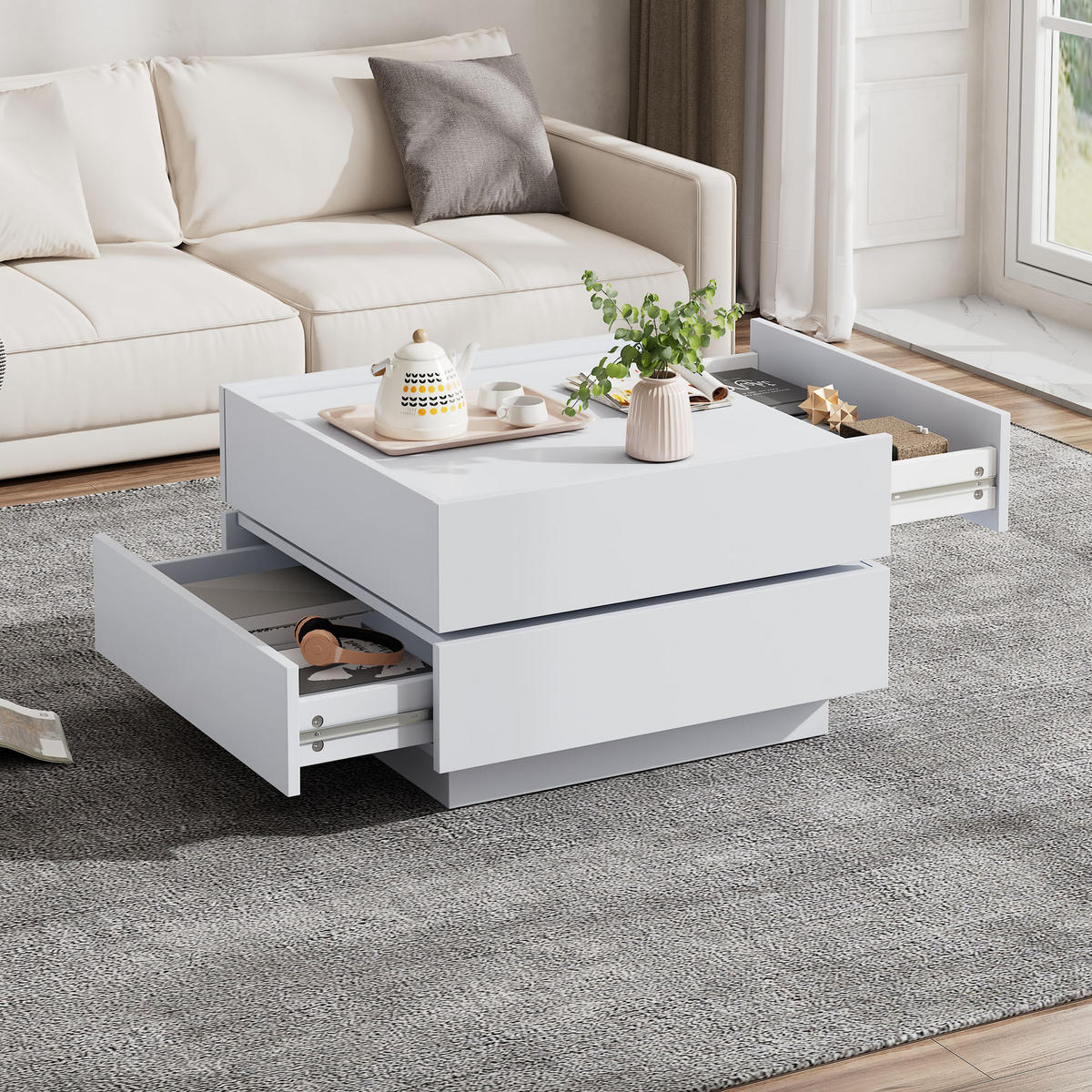 COUCHTISCH 360° drehbar mit Schublade Spanplatte modern Wohnzimmer Büro pflegeleicht multifunktional - Weiß, Holzwerkstoff (60/60/38cm) - EVRYAE