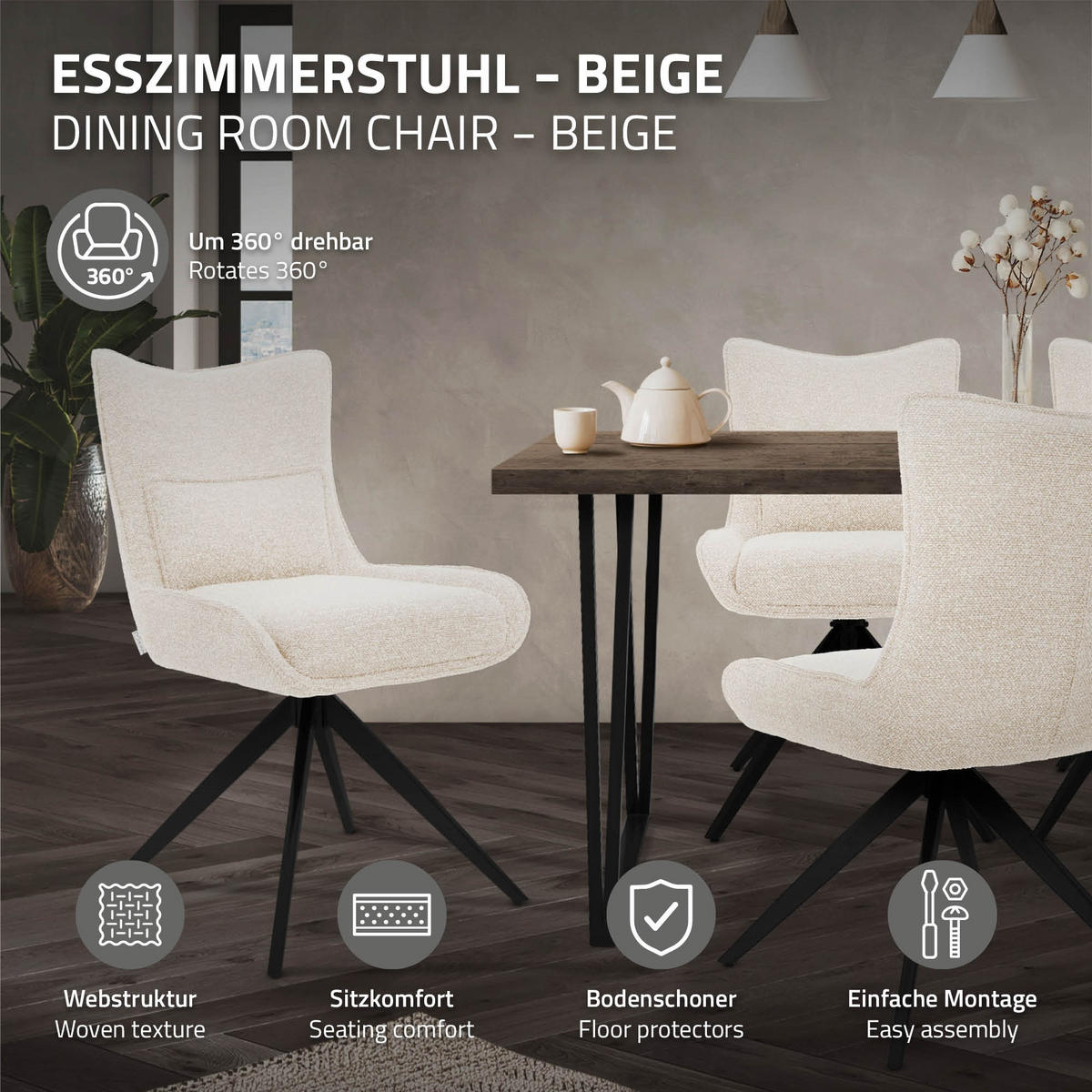 ESSZIMMERSTÜHLE 2er Set drehbar Küchenstühle gepolstert mit Webstoff-Bezug Beige - Beige/Schwarz, Textil/Metall (54/90/64cm) - ML-DESIGN