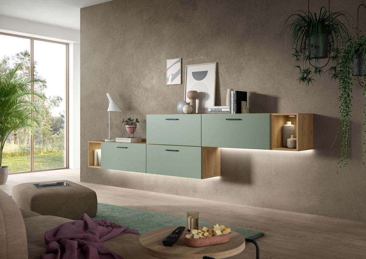 WOHNWAND INKL BELEUCHTUNG The One Smoke Green 276/34/97 cm - Braun, Holzwerkstoff (276/97/34cm) - Xonox