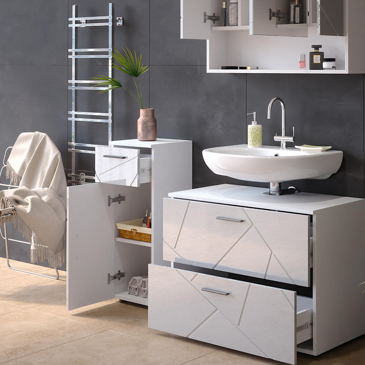 BADMÖBEL-SET Irma Weiß Hochglanz 3 Teile mit Schubladenschrank und Midischrank - Weiß Hochglanz/Weiß, Holzwerkstoff (80/58.6/41cm) - Vicco