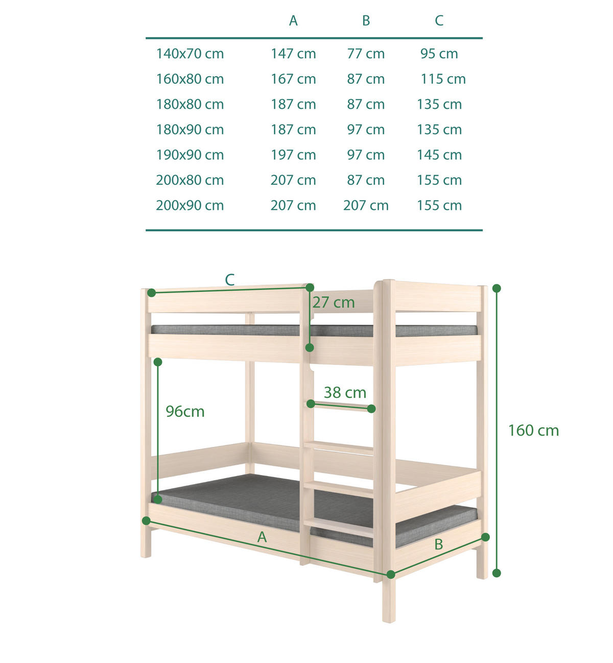 ETAGENBETT Diego 200x80 naturweiß mit Schubladen und Matratzen - Naturfarben, Holzwerkstoff (80/200cm)