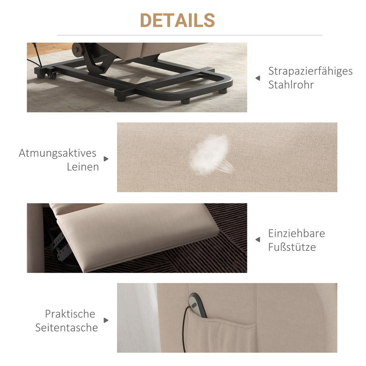 RELAXSESSEL mit elektrischer Liegefunktion, Aufstehhilfe 74/94/111 cm Cremeweiß - Creme, Holz (94/111/74cm) - Redom