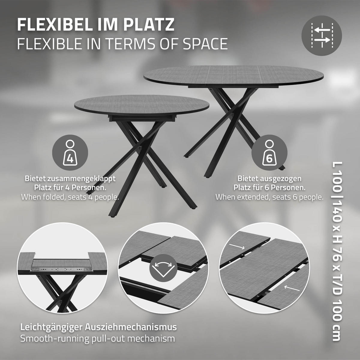 ESSTISCH ausziehbar rund Grau meliert 100-140x76x100 cm - Schwarz/Grau, Holzwerkstoff/Metall (69/69/76cm) - ML-DESIGN