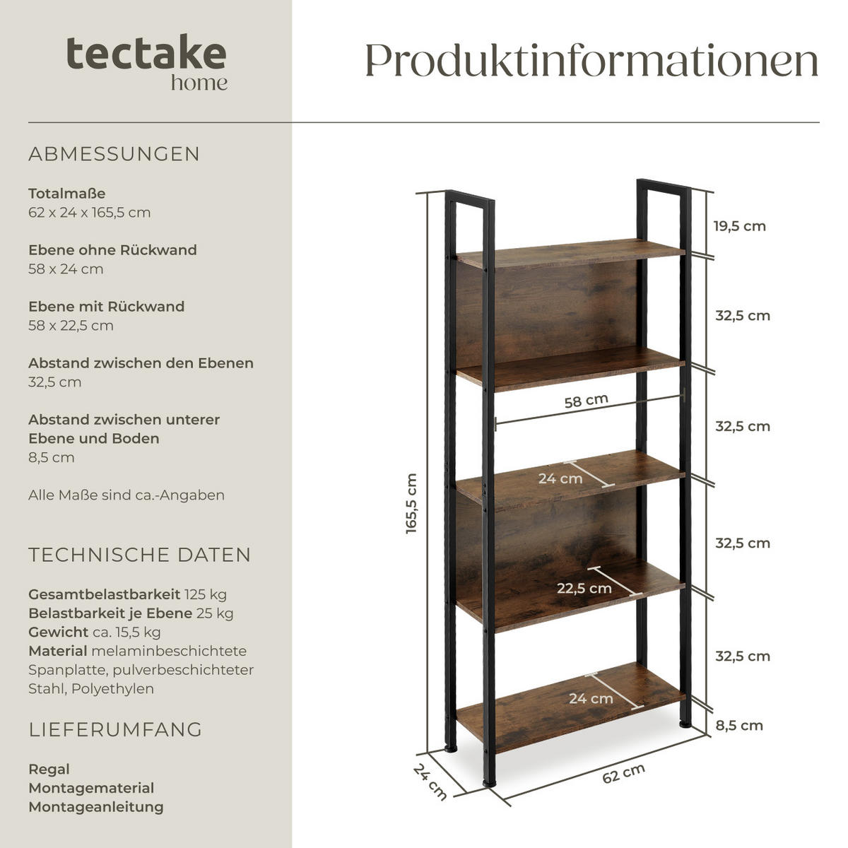 REGAL Westport,inklusive Kippschutz, 62 x 24 x 165,5 cm,Industrial Holz dunkel, rustikal - Rostfarben, Holzwerkstoff (24/165.5/62cm) - tectake