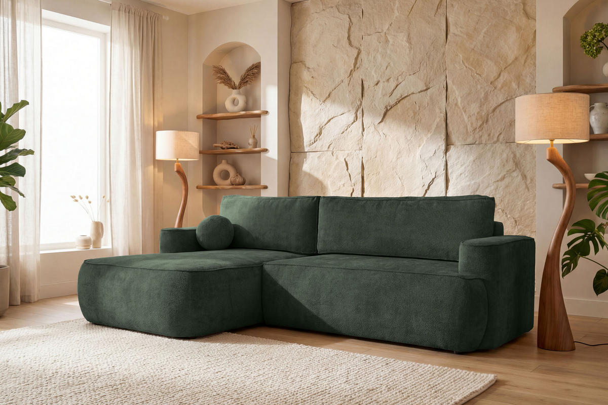 ECKSOFA Marion mit Schlaffunktion & Bettkasten in Chenille Dunkelgrün, Links 267/154/83 cm - Dunkelgrün/Schwarz, Kunststoff/Textil (267/154cm) - WFL GROUP