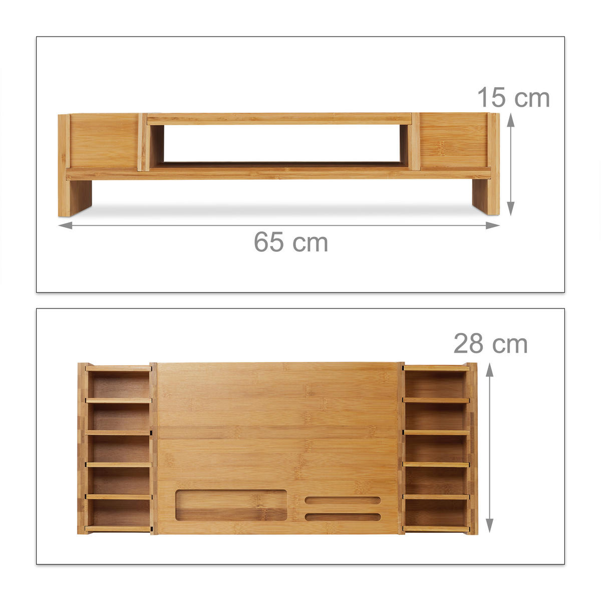 MONITORSTÄNDER Natur Bambus mit Staufächern 65 cm - Hellbraun, Holz (28/65/15cm) - Relaxdays