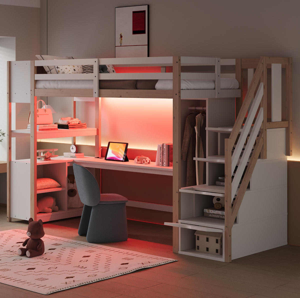 VISOKA postelja 90/200 cm bela in naravna z omaro, pisalno mizo in LED-osvetlitvijo iz masivnega lesa in MDF - bela, leseni material (90/200cm) - OKWISH