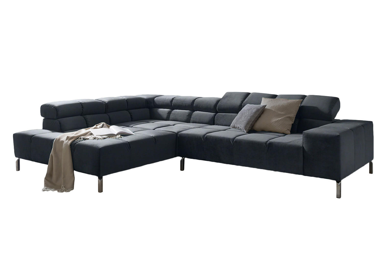 ECKSOFA MIT RELAXFUNKTION NELSON Schwarz Velvet - Silberfarben/Schwarz, Textil (321/116cm) - KAWOLA