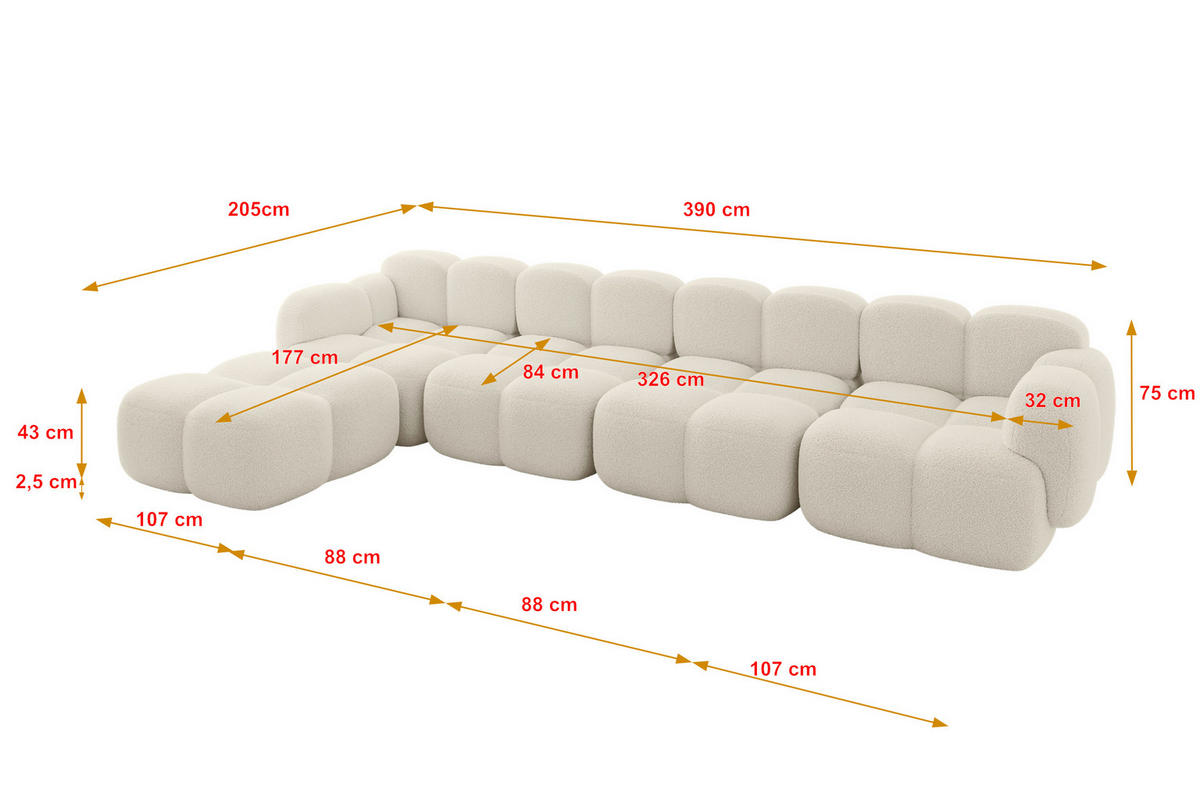 ECKSOFA modulares Sofa Links Miko-L3 390x205x75 Beige Bouclé - Sandfarben/Schwarz, Holzwerkstoff/Kunststoff (390/205cm) - ALTDECOR