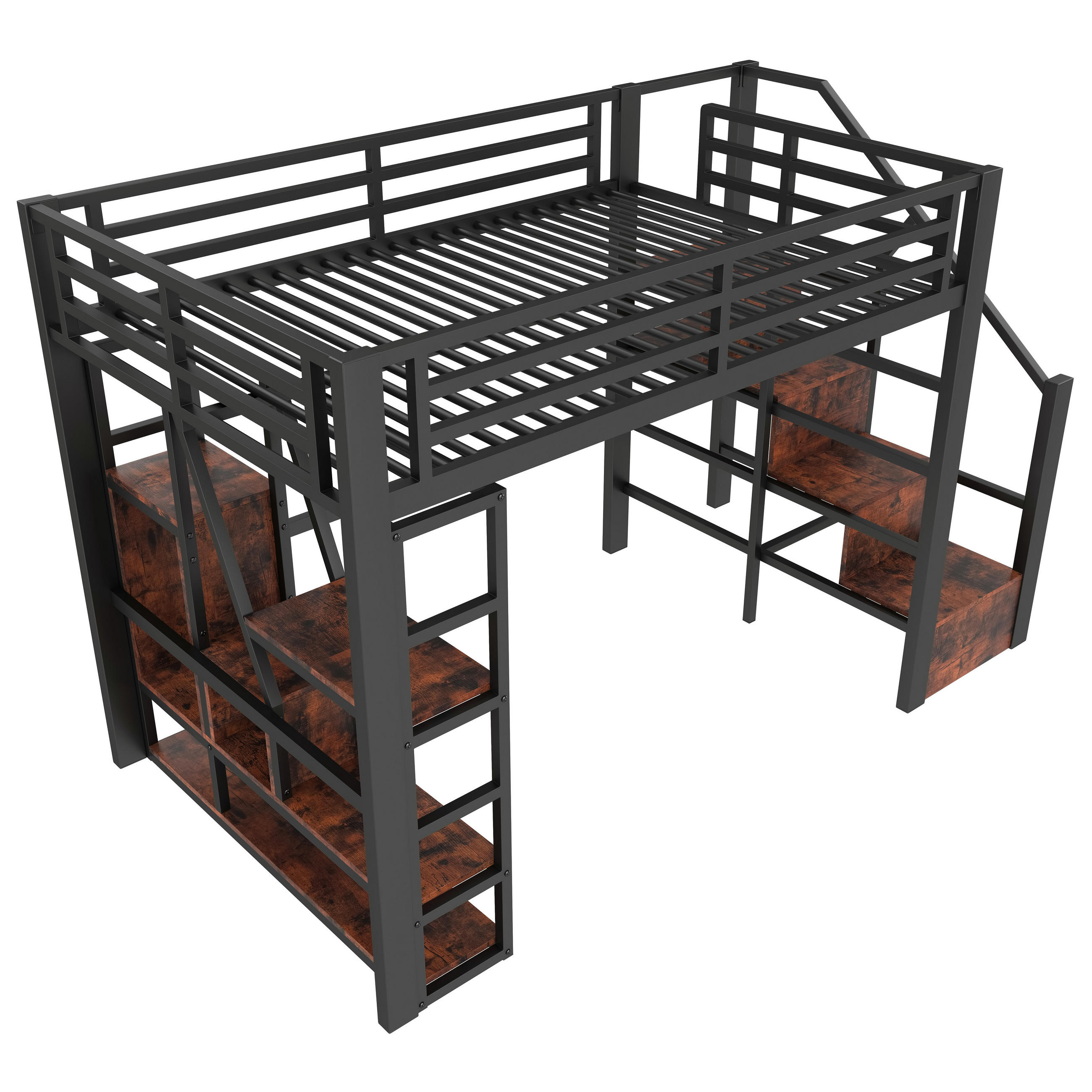 HOCHBETT 140/200 cm DE-04537, mit LED, Ablagefach und integrierten Stufen in Schwarz - Schwarz, Holzwerkstoff/Metall (140/200cm) - ComfortXL