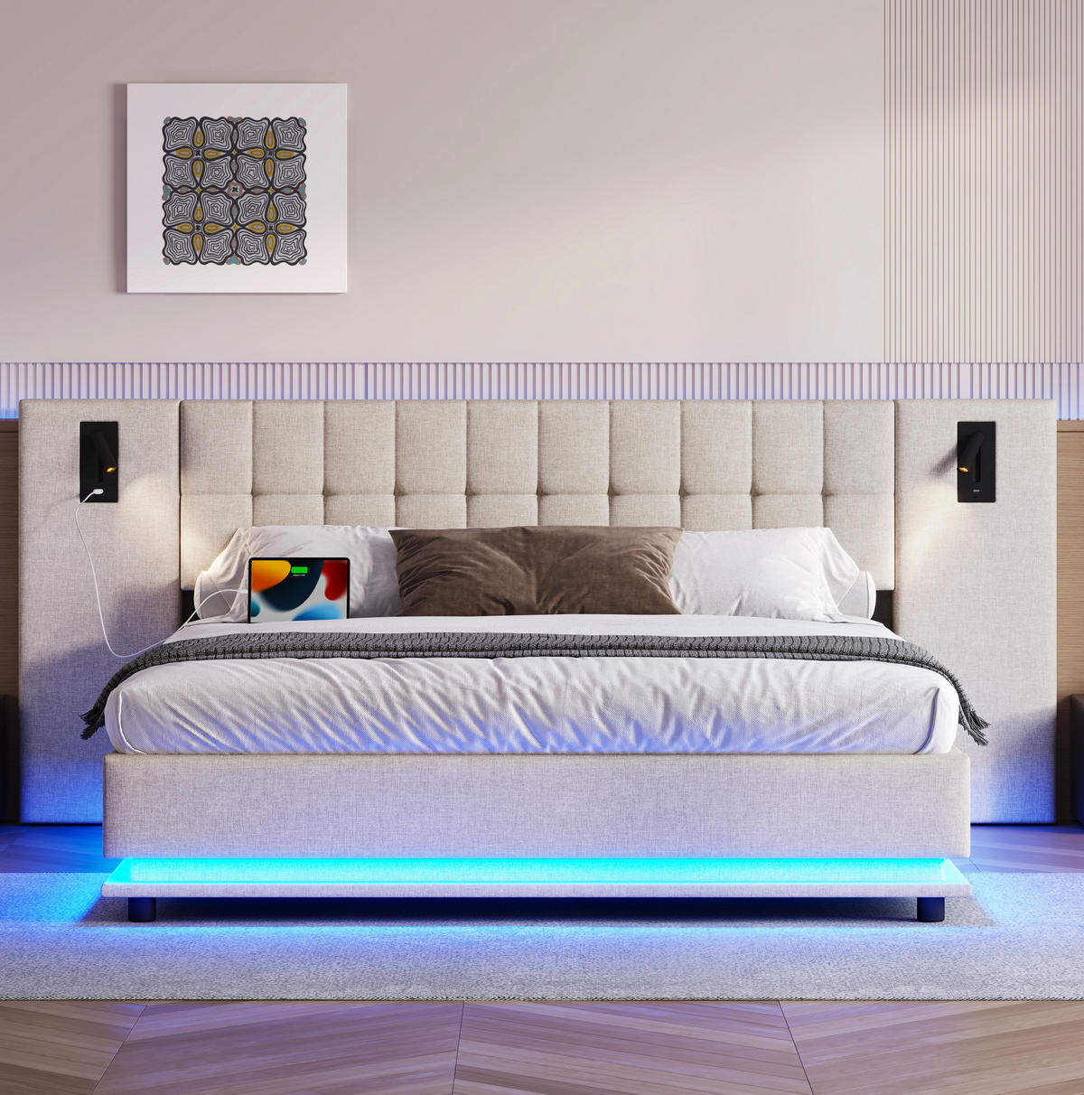 POLSTERBETT 180/200 cm Beige mit LED-Beleuchtung, Spot und USB-Anschluss aus Leinen - Beige, Textil (180/200cm) - OKWISH