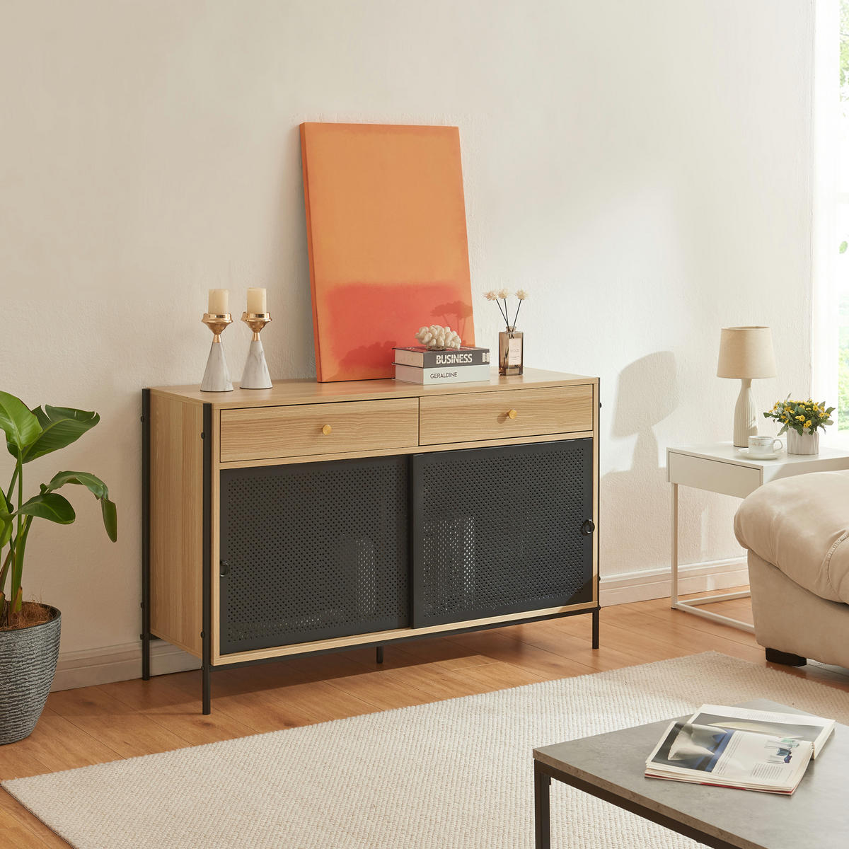 FERNSEHSCHRANK Tysnes - Eichefarben/Schwarz, Holzwerkstoff/Metall (40/75/120cm)