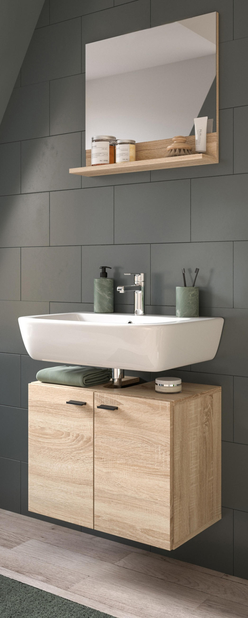 BADMÖBEL-SET Eiche 2-teilig 57 cm, Kombination hängend oder stehend - Eichefarben, Glas/Holzwerkstoff (57/186/33cm) - Inn.Furn