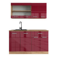 SINGLEKÜCHE R-Line Rot Hochglanz/Goldkraft Eiche 140 cm ohne Arbeitsplatte - Honigeiche/Rot, Holzwerkstoff (140/81.6/46cm) - Vicco