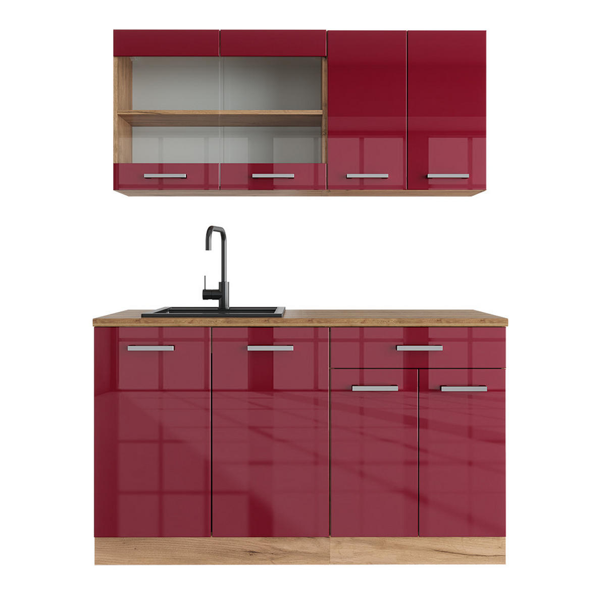 SINGLEKÜCHE R-Line Rot Hochglanz/Goldkraft Eiche 140 cm ohne Arbeitsplatte - Honigeiche/Rot, Holzwerkstoff (140/81.6/46cm) - Vicco