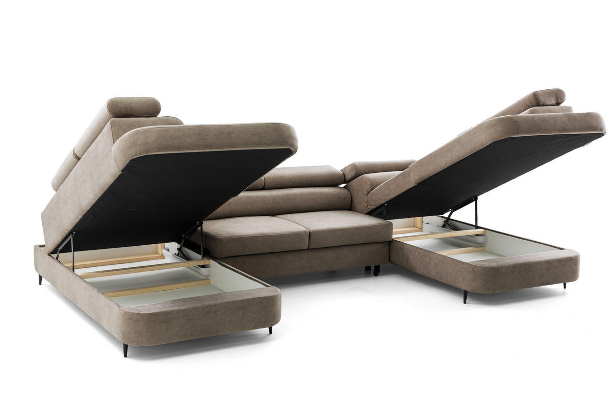 ECKSOFA U-Form PRIAM U2 mit Schlaffunktion 126x270 Velours Beige - Chromfarben/Beige, Holz/Textil (350/91/203cm) - Muffo