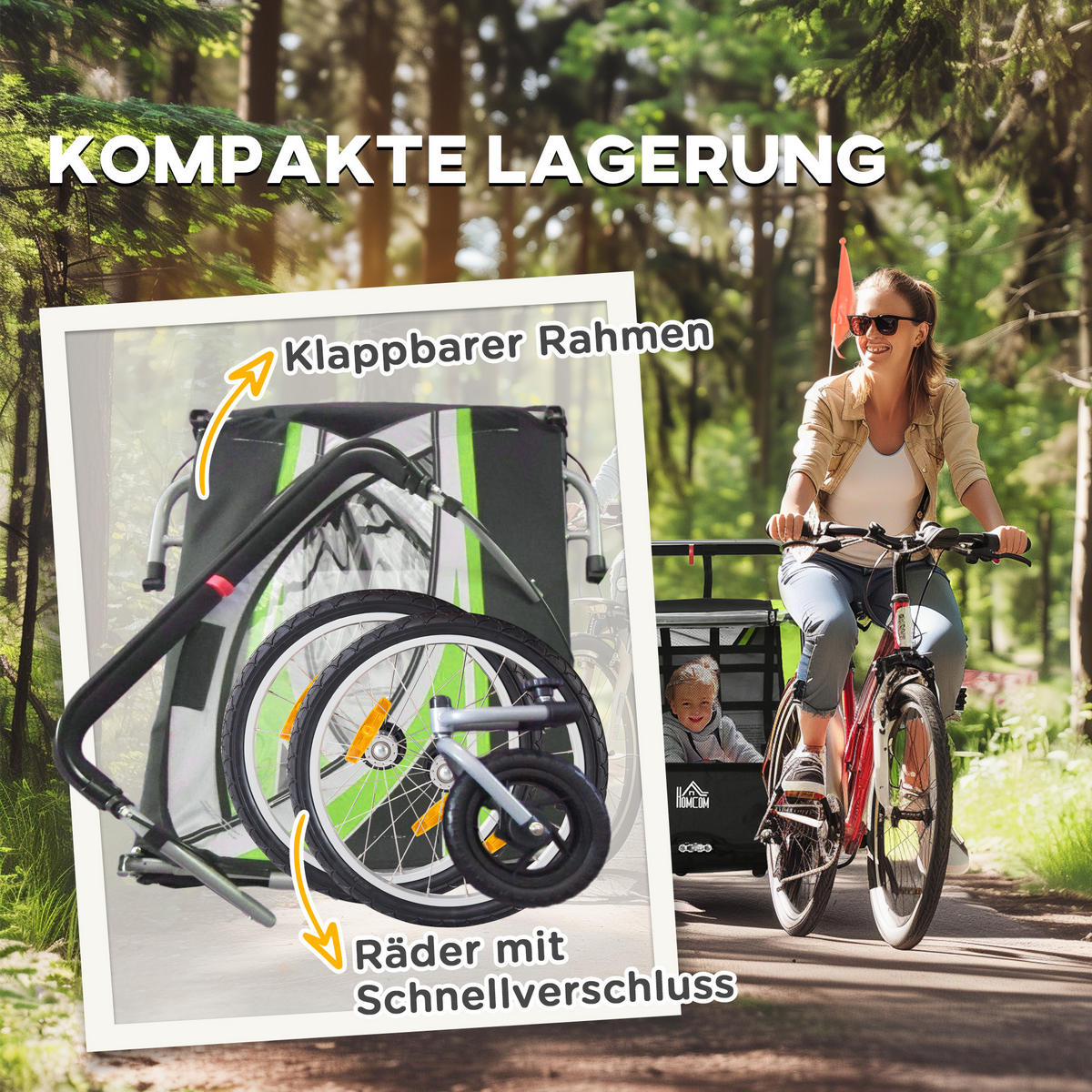 2 in 1 Kinderanhänger, Fahrradanhänger Kinderbuggy mit 5-Punkt Sicherheitsgurt - Schwarz/Grün, Kunststoff/Metall (75/101/142cm) - HOMCOM