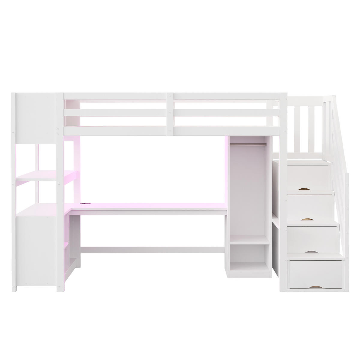 HOCHBETT 90/200 cm DE-01514, in Weiß, mit Kleiderschrank, Schreibtisch und LED-Lichtleiste - Weiß, Holz (90/200cm) - ComfortXL