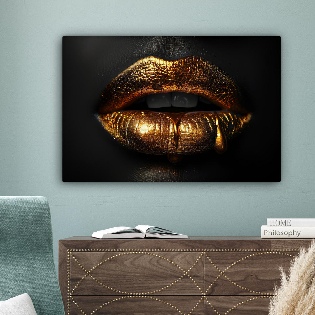 LEINWANDBILD Frau - Porträt - Lippen - Gold - Schwarz Gemälde 60x40 cm - Schwarz, Textil (60/40cm) - MuchoWow