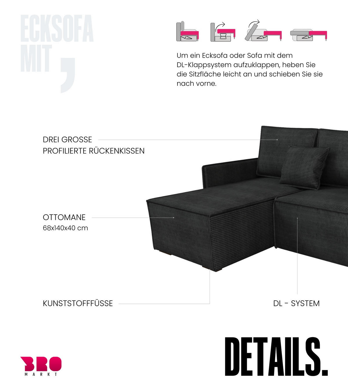 ECKSOFA Atlantic mit Schlaffunktion Schwarz Cord - Schwarz, Textil (238/141cm) - Bromarkt