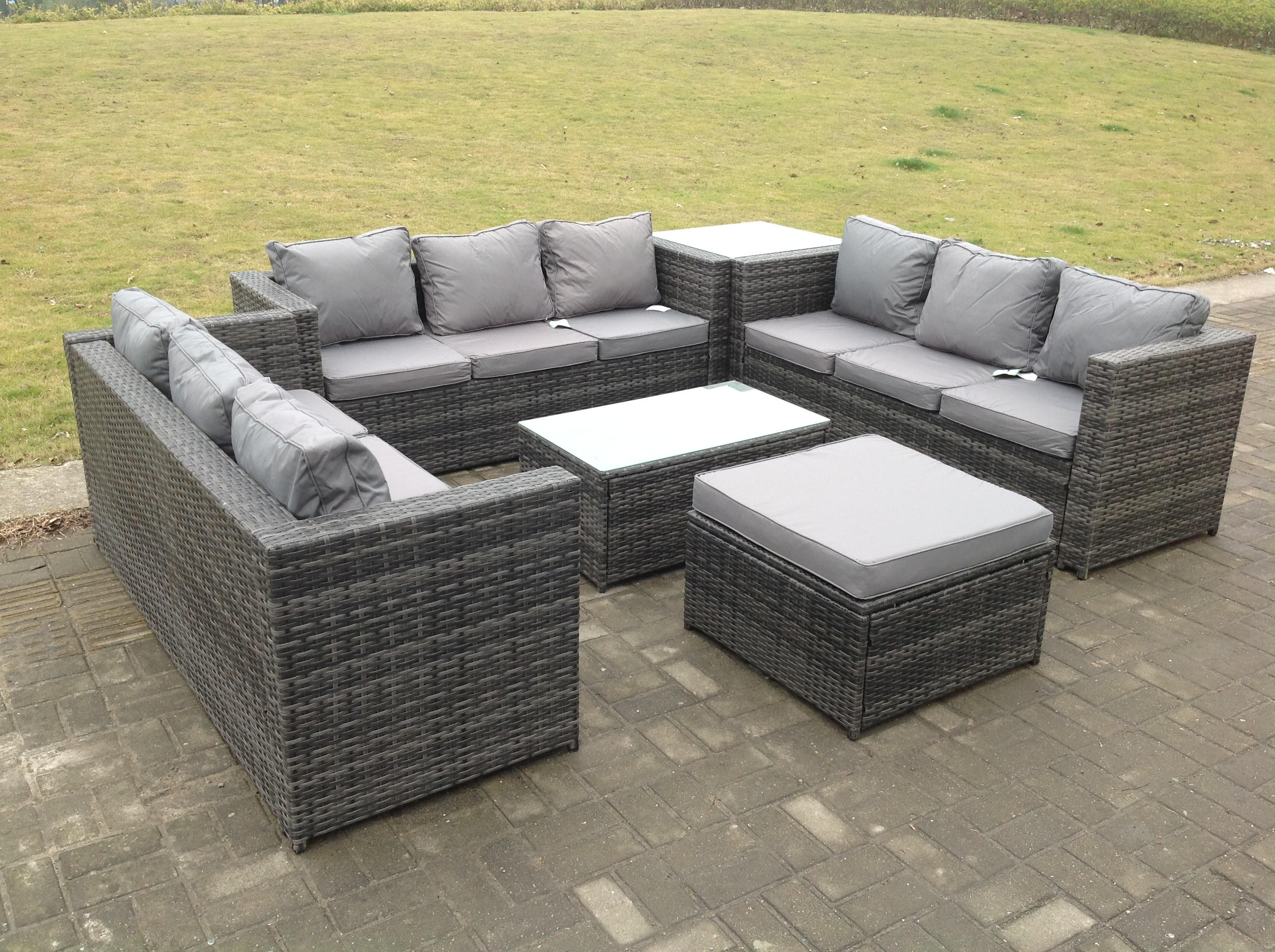 GARTENSOFA Hohe Rückenlehne Polyrattan 10-Sitzer - Dunkelgrau/Grau, Glas/Kunststoff - Fimous