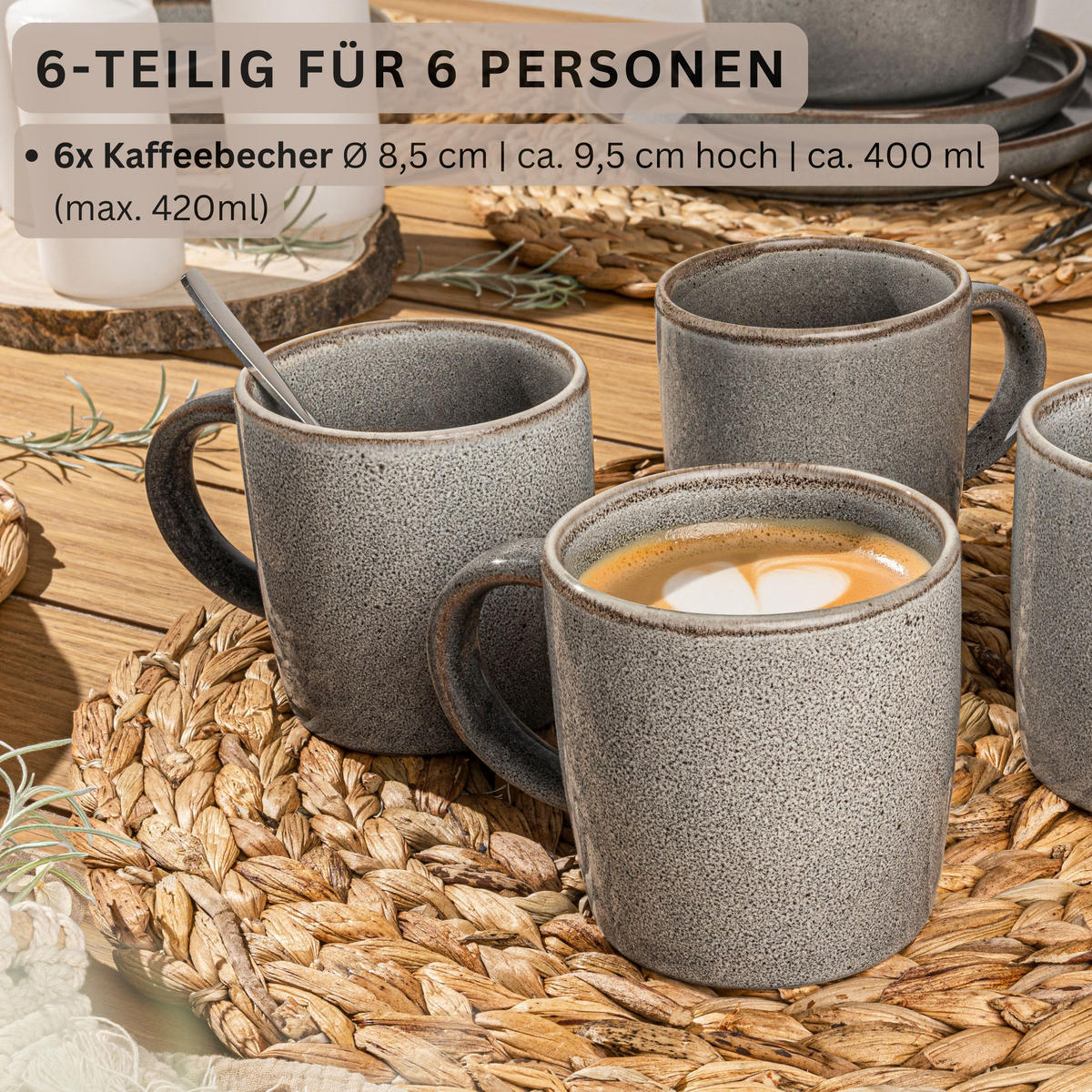 KAFFEEBECHER SET KAIRO GRAPHIT - 6 teilig aus Steingut - Braun, Stein (0.4L) - Sänger