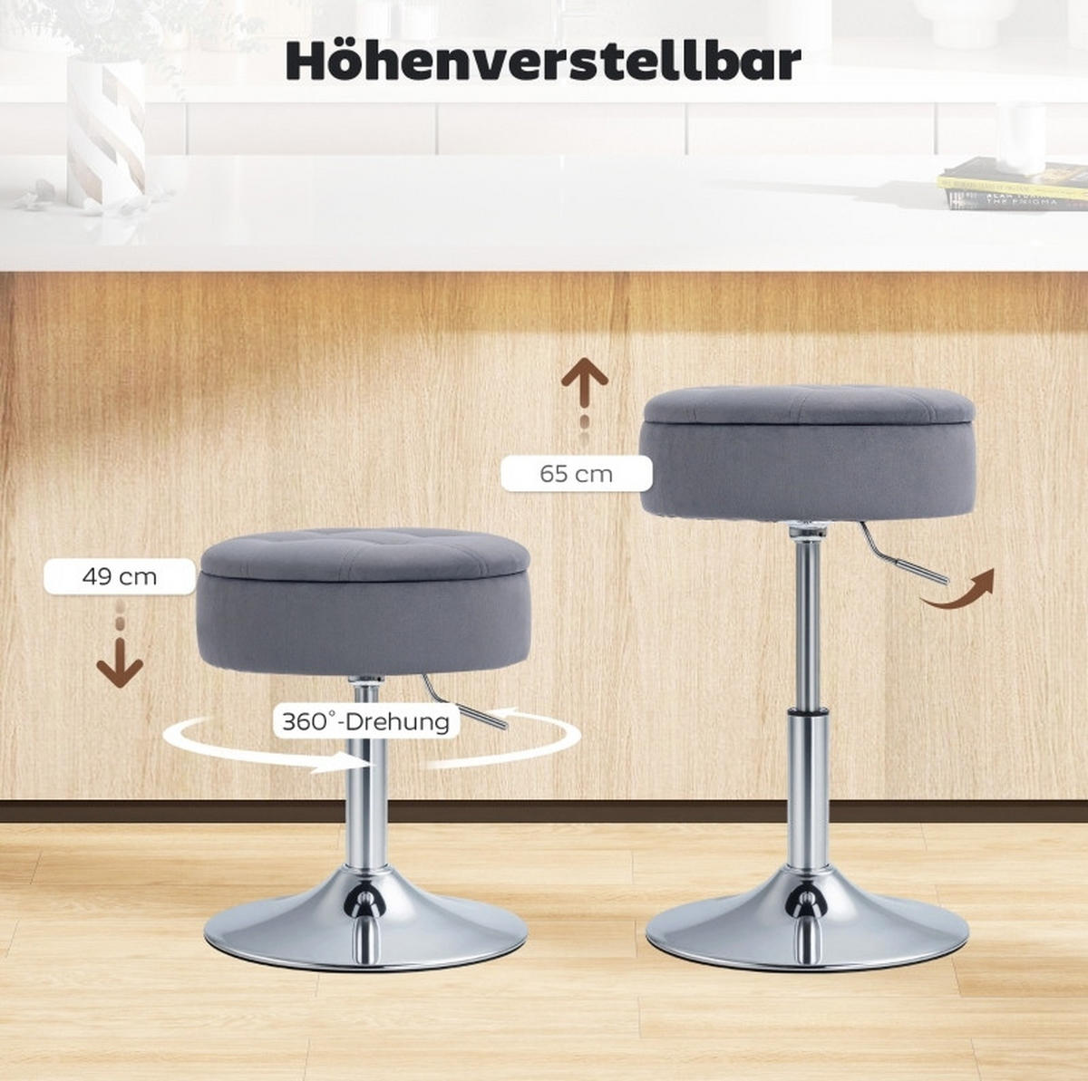 BARHOCKER mit Stauraum drehbar höhenverstellbar 49-65 cm Grau - Grau, Metall (39/65/39cm) - Meubliv