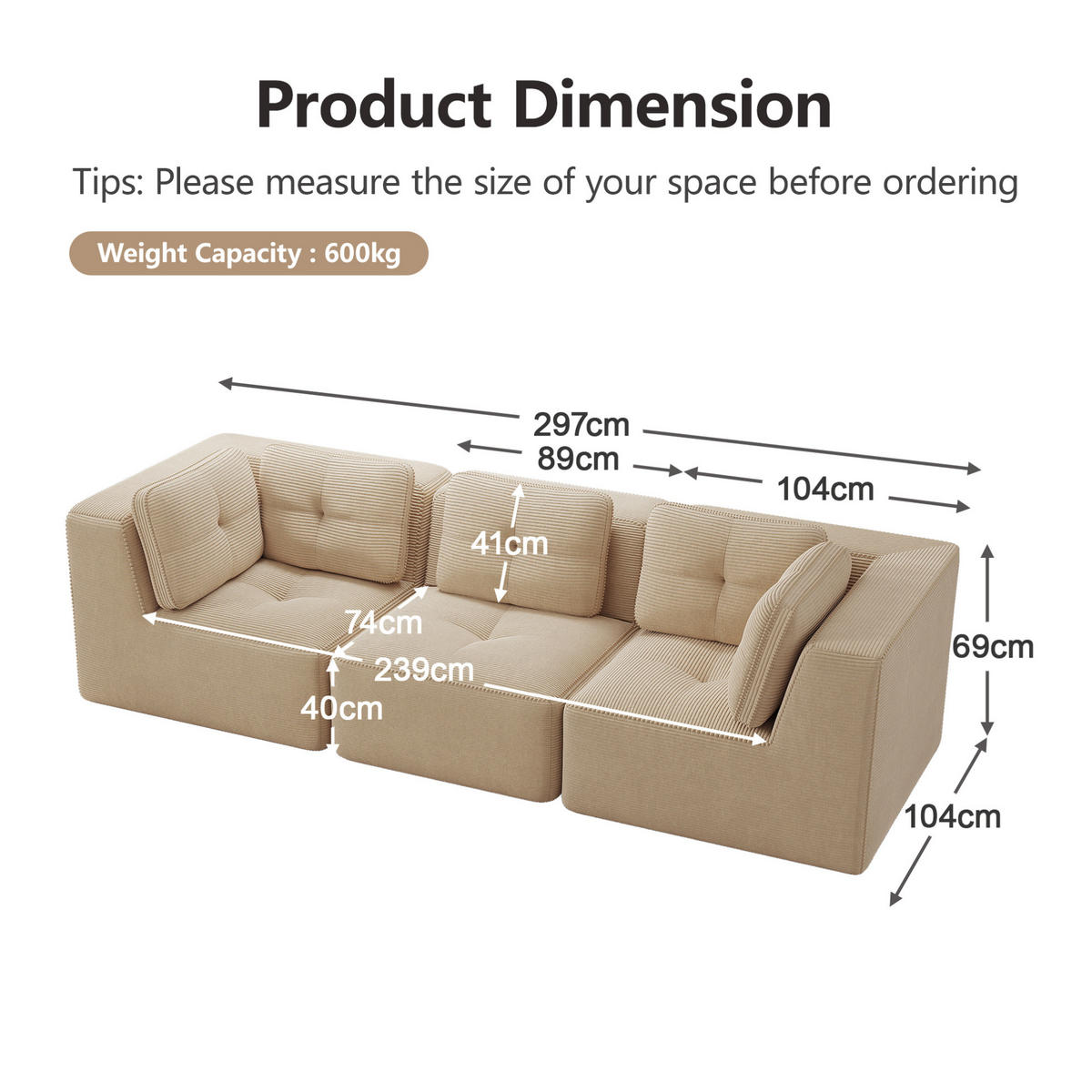 ECKSOFA 297/104/69 cm Beige aus Cord mit tiefer Sitzfläche und modularem Design - Beige, Textil (104/297cm) - OKWISH