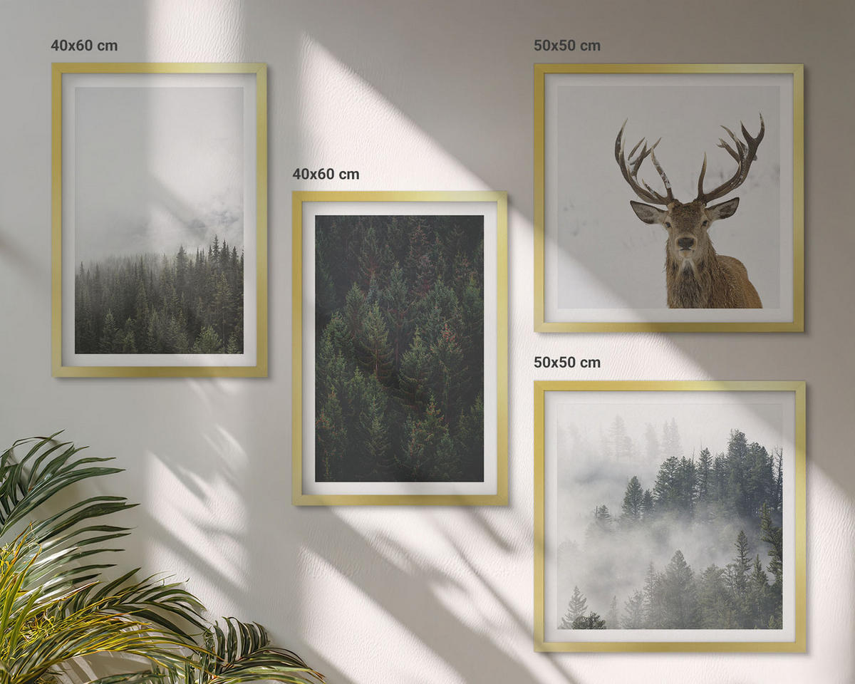 WANDBILDER 4er Set - 50x50 cm & 40x60 cm Goldrahmen - Grüne Wälder, neblige Landschaft - Goldfarben, Kunststoff (50/50cm) - ArtPrintCave