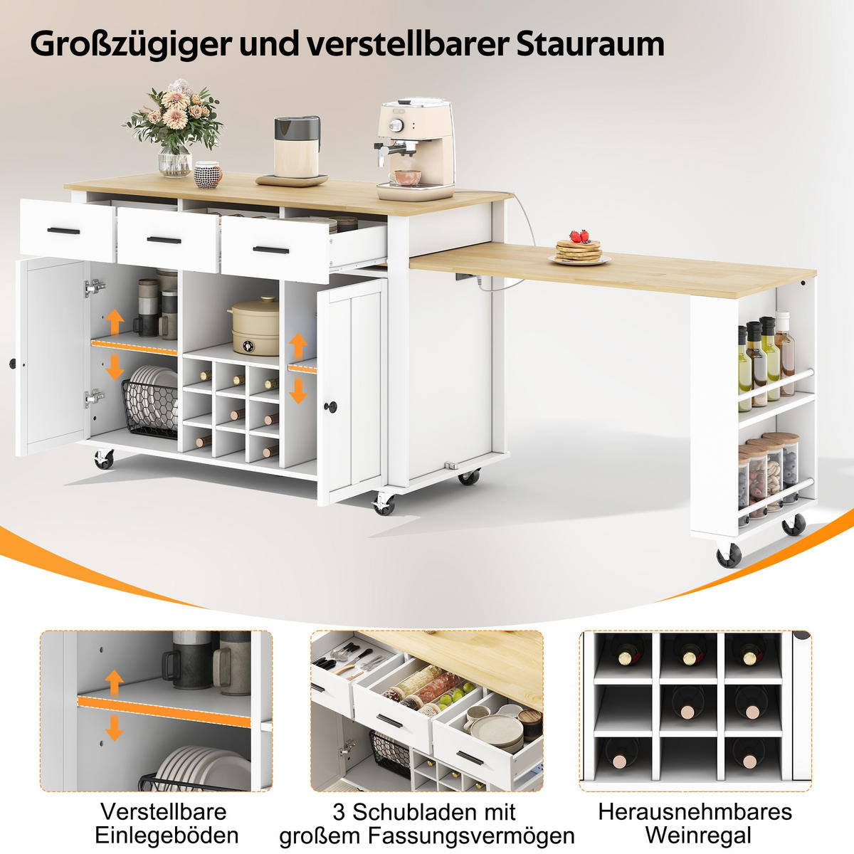 KÜCHENINSEL auf Rollen 136-223/50/93 cm Weiß mit ausziehbarer Arbeitsplatte und 3 Schubladen - Weiß, Holz (50/93/136cm) - Oxeza