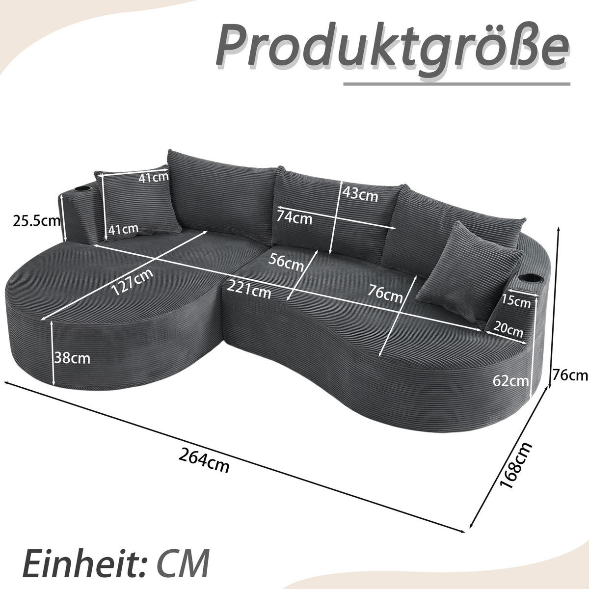 3-SITZER ECKSOFA Cord Grau mit Getränkehaltern und Kissen - Grau, Textil (264/168cm) - WISHDOR