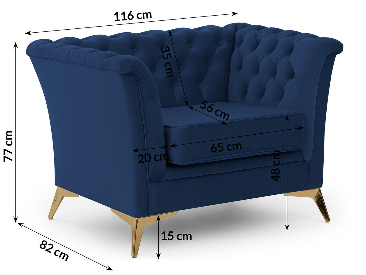 SITZGARNITUR 3+2+1 Chesterfield Whitby Marineblau Samt mit goldenen Füßen - Blau/Goldfarben, Holz/Textil (237/78/82cm) - S-Style Möbel