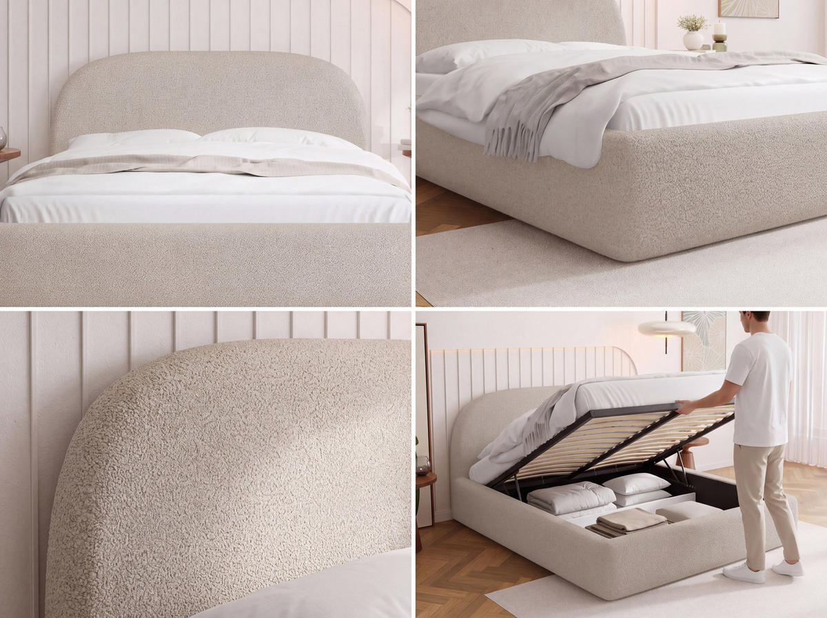 POLSTERBETT Puro mit Bettkasten, Creme Boucle 160 x 200 cm – mit Metall-Lattenrost - Birkefarben/Creme, Holzwerkstoff/Kunststoff (160/200cm) - WFL GROUP