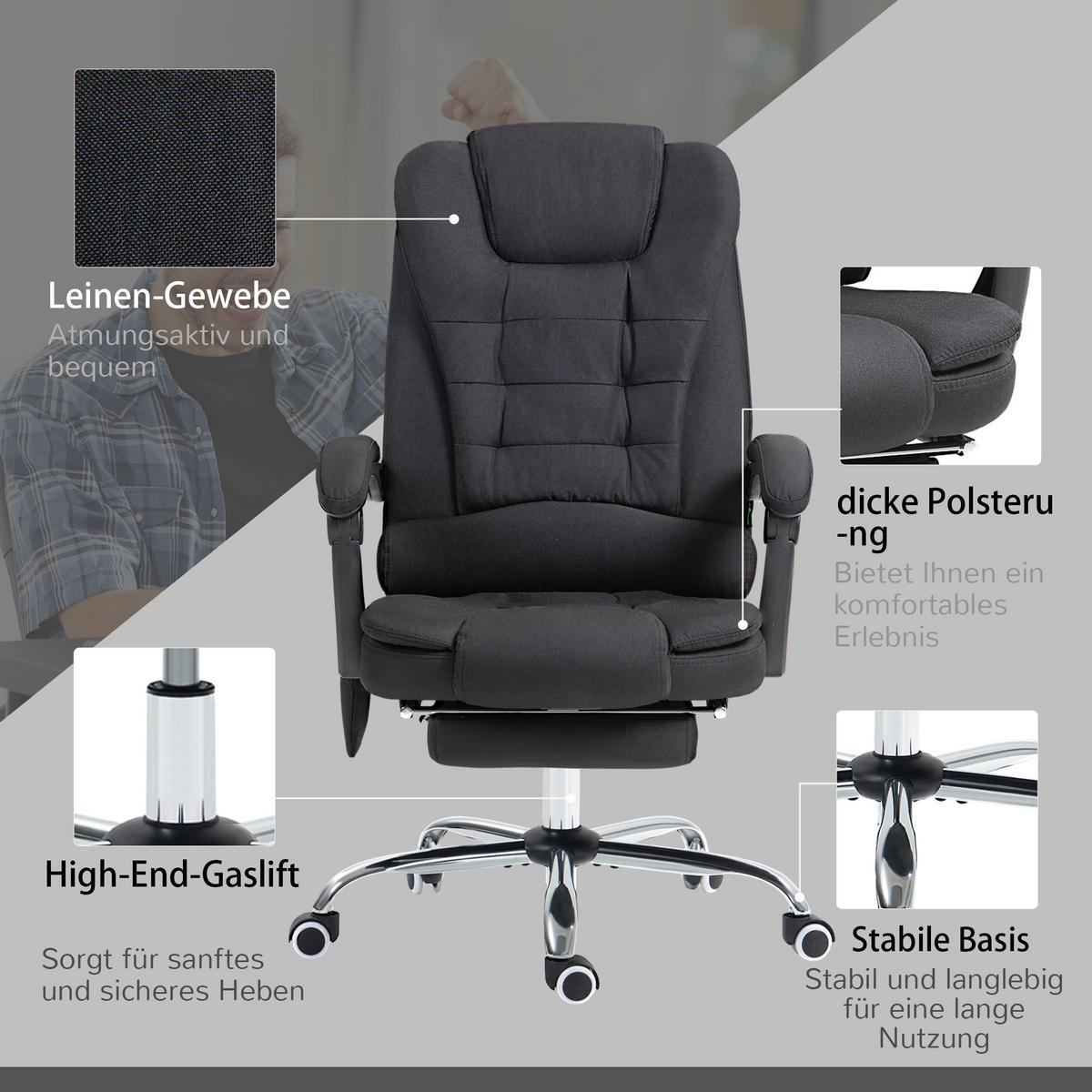 BÜROSTUHL mit Massagefunktion, Schreibtischstuhl mit Liege- & Wärmefunktion - Silberfarben/Schwarz, Kunststoff/Textil (70/119/65cm) - Vinsetto
