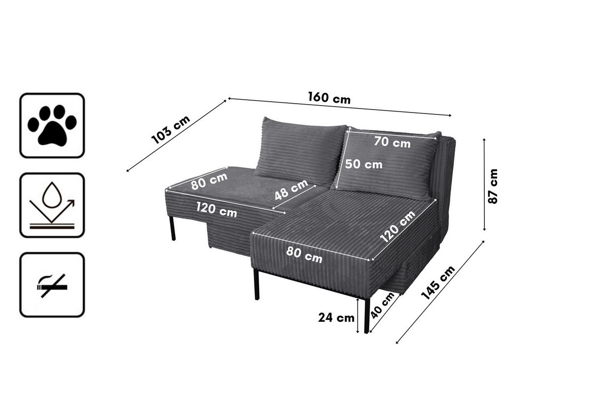 ECKSOFA Mit Schlaffunktion MOOKA 4in1-Multifunktions-System Stoff Velo Rechts Dunkelgrau - Dunkelgrau, Holz/Textil (145/160cm) - Kaiser Möbel
