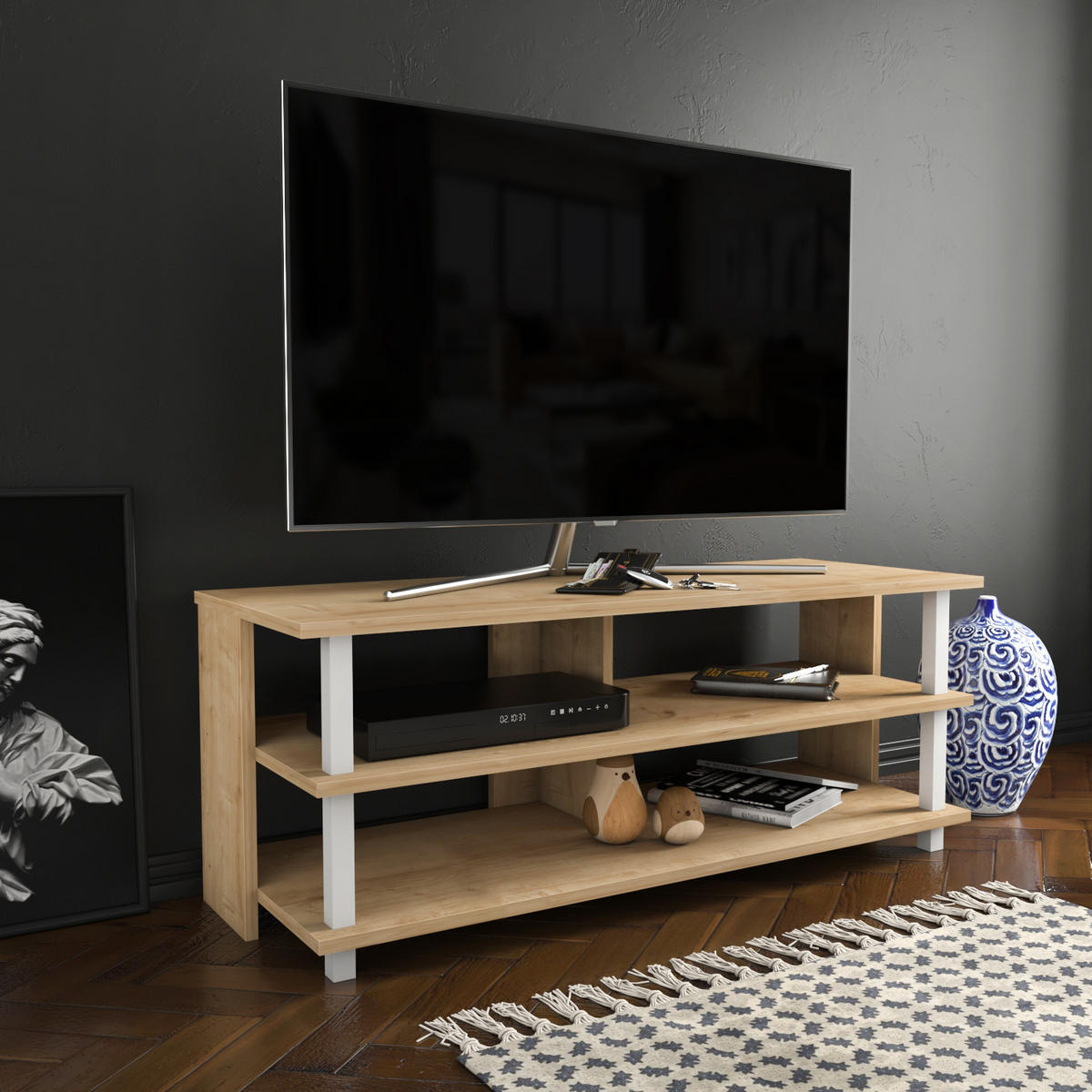 TV Board Pueblo Eiche Weiß - Eichefarben/Weiß, Holzwerkstoff (120/47/45cm) - Decorotika