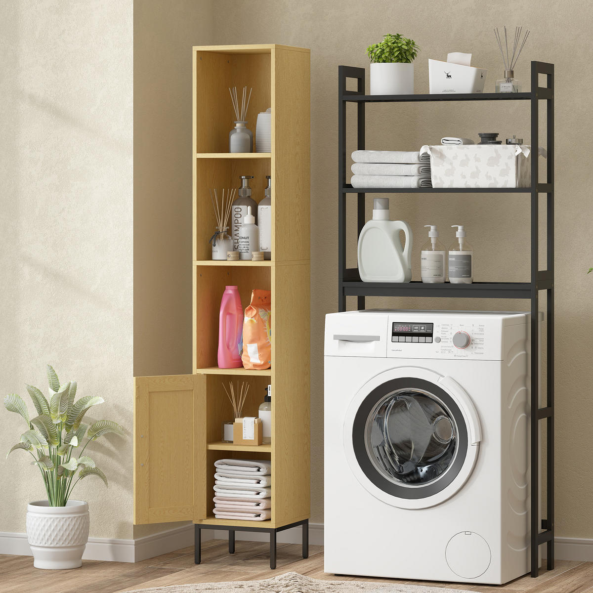 BADEZIMMERSCHRANK Spanplatte Stahl Naturholz - Schwarz/Naturfarben, Holzwerkstoff/Kunststoff (30/164/30cm) - HOMCOM