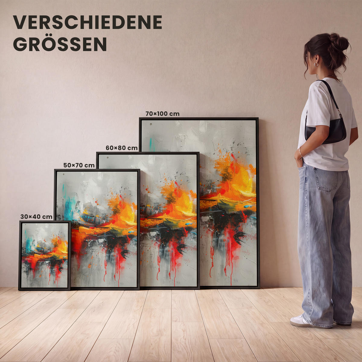 LEINWAND Bilder mit Rahmen - Moderne Kunst - Orange - Grau - Abstrakt - 70x100 - Hellgrau, Textil (70/100cm) - MuchoWow