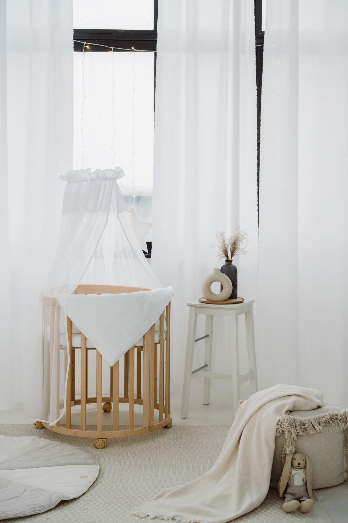 BABYBETT NATUR OVAL 7in1 mit Matratze - Naturfarben, Holz/Textil