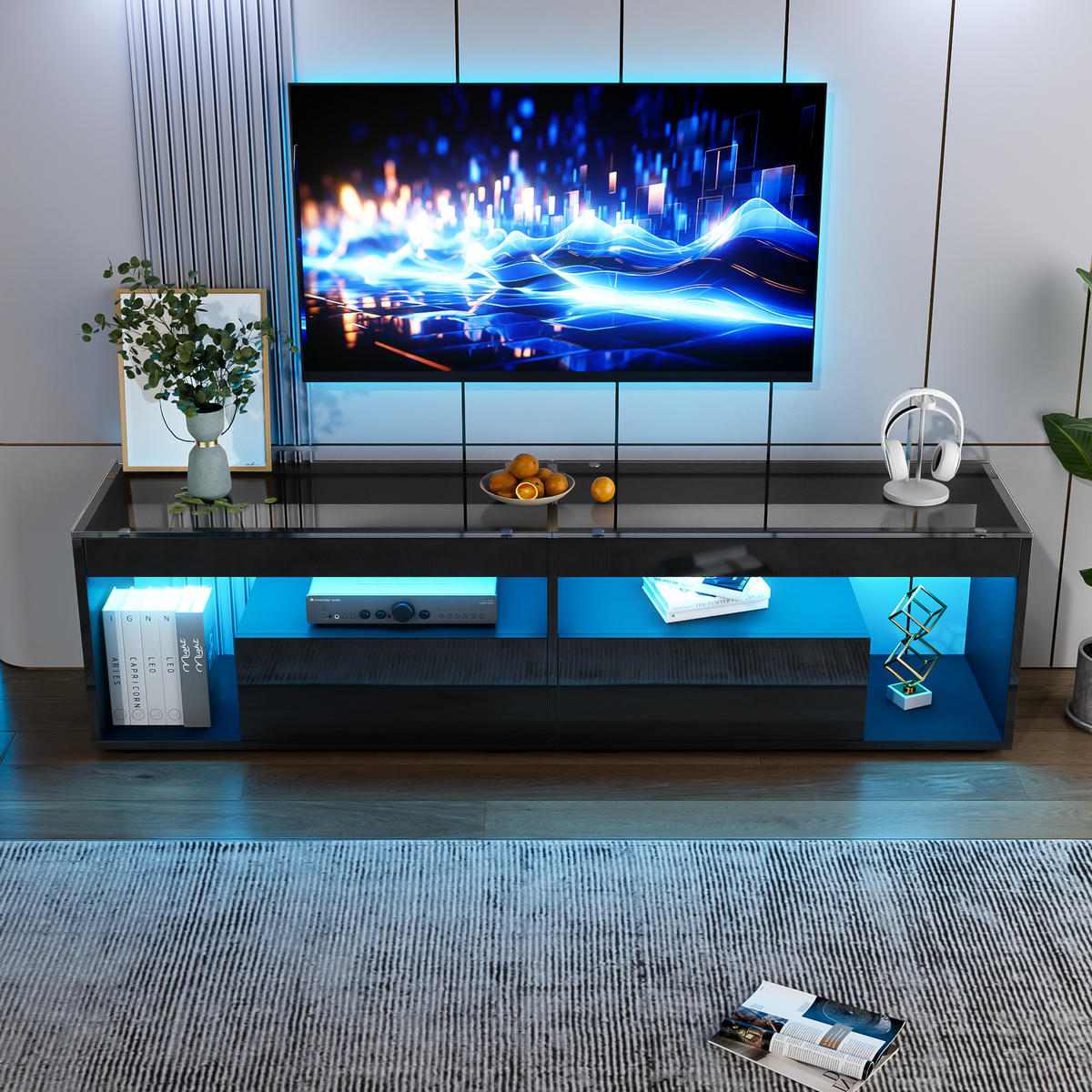 TV-SCHRANK 180/40/46 cm schwarz aus Spanplatte mit LED - Schwarz, Holzwerkstoff (180/46/40cm) - OKWISH